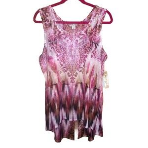 NWT WORLD UNITY Womens L Peasant Boho Bling Hippie Tank Top Pink Geo Print